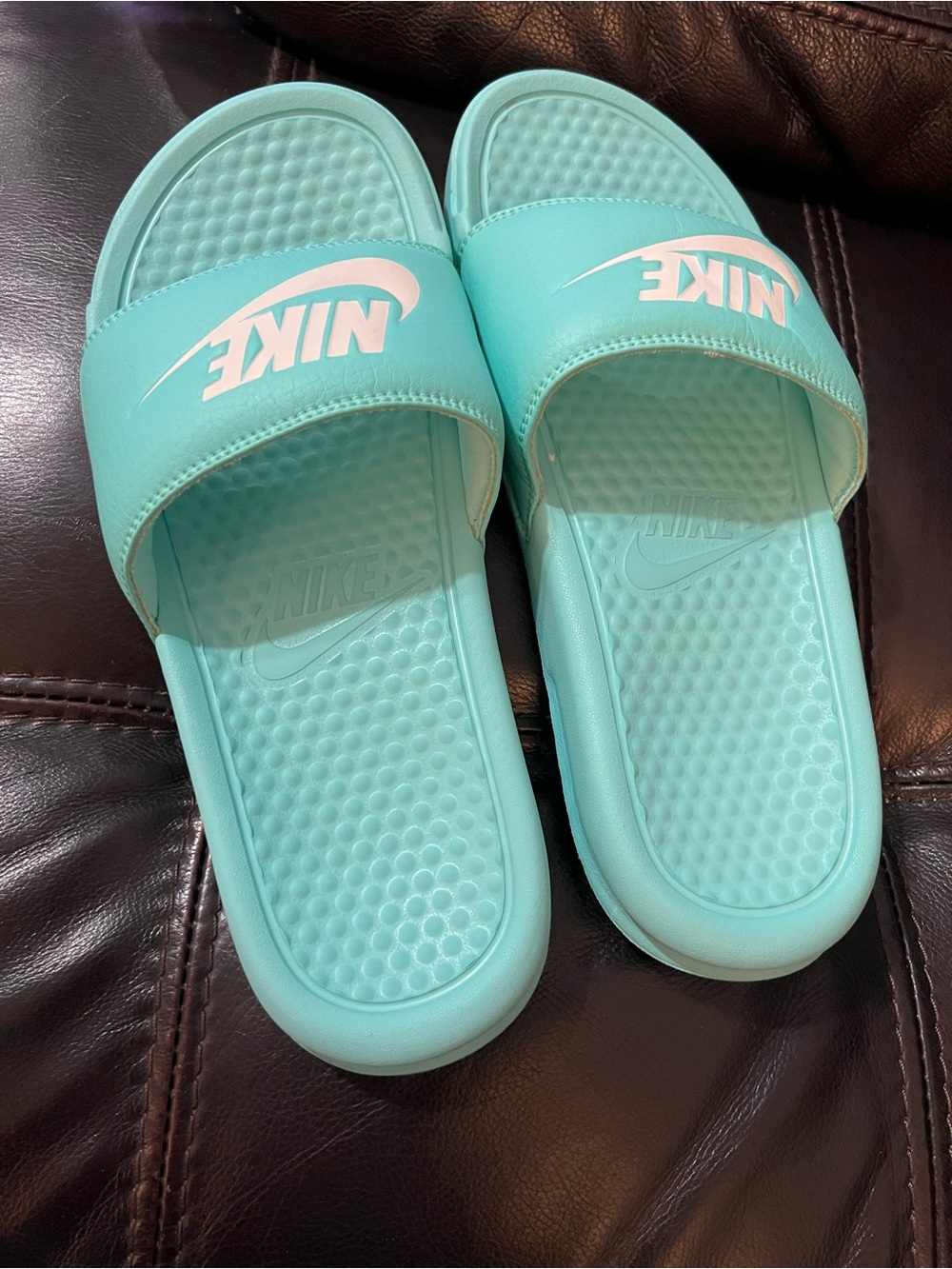 Nike Turquoise Slide Sandals with White Logo